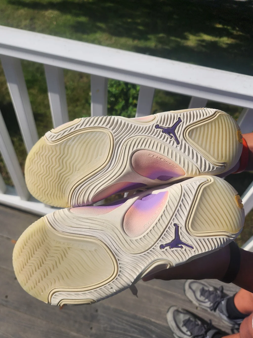 Size 7.5 Men's Jordan Tatum 3 Cream Athletic Sneakers with Purple Accents